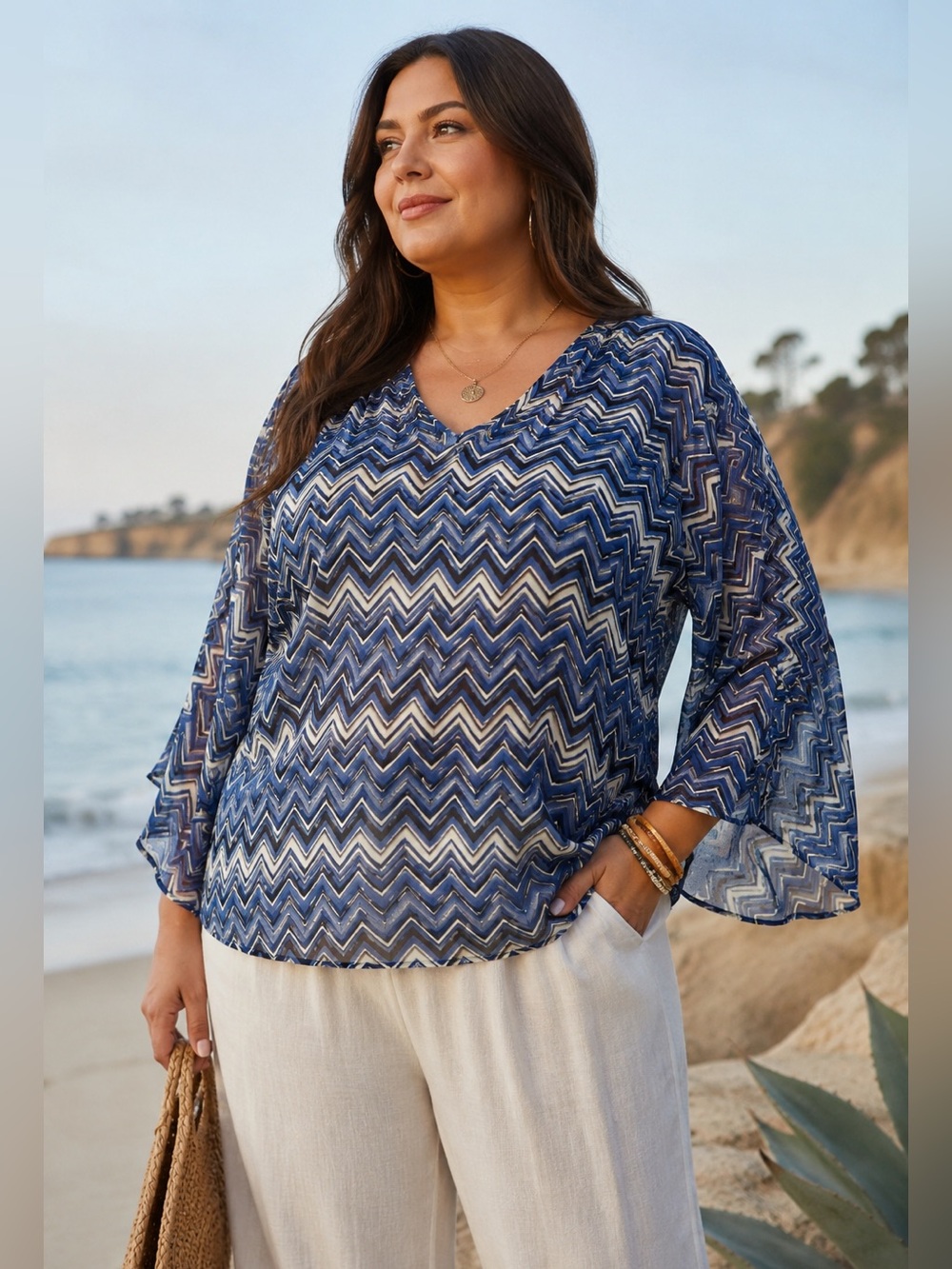 Lucky Brand Blue Chevron 100% Silk Sheer Bell Sleeve Boho Blouse XL